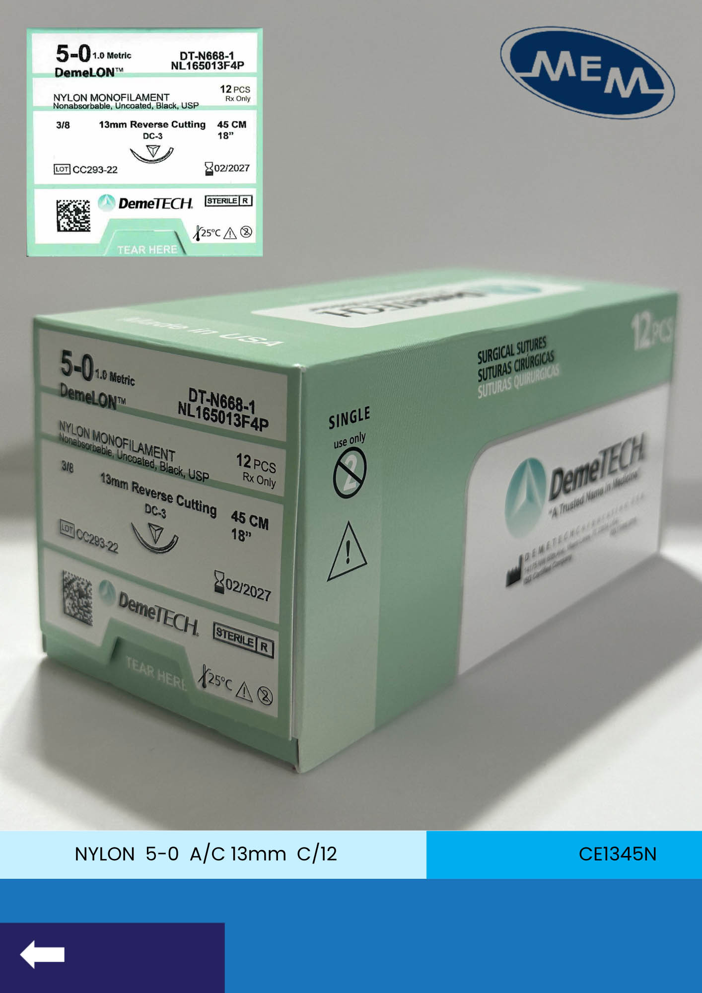 Sutura de nylon 5-0 con aguja de 13mm marca DemeTECH