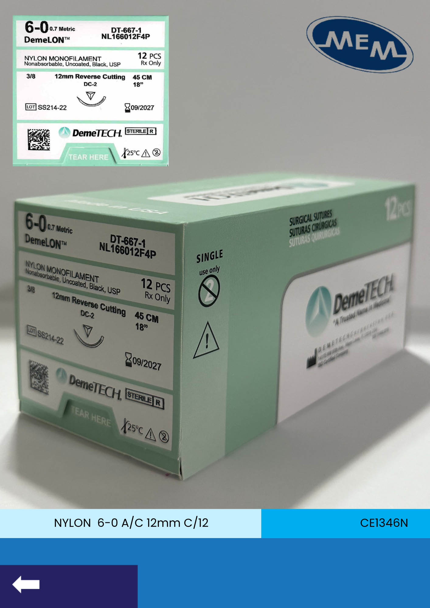 Sutura de nylon 6-0 con aguja de 12mm marca DemeTECH