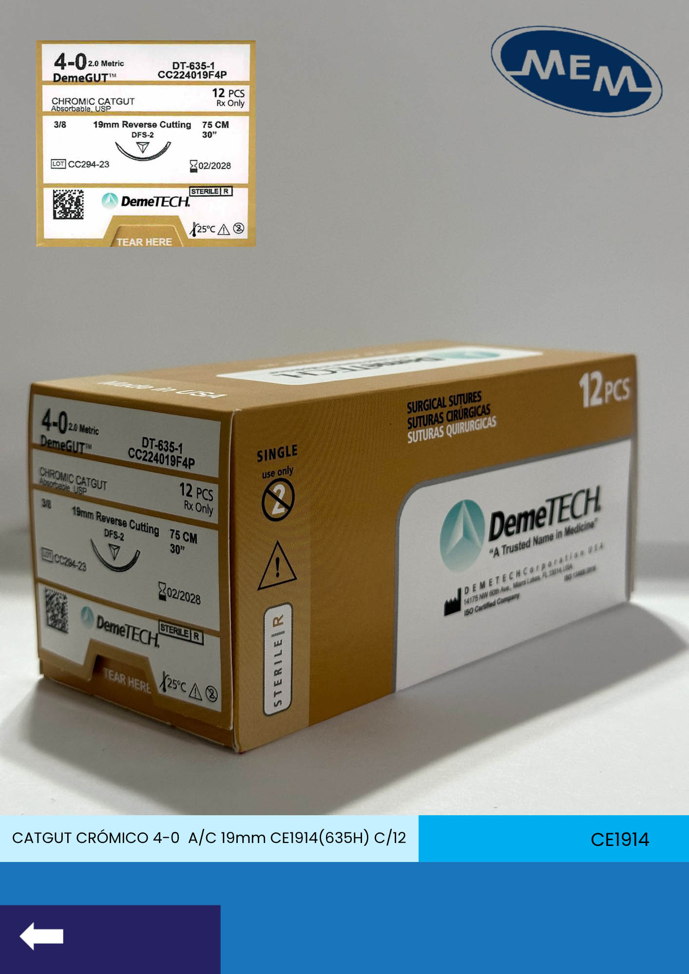 Sutura de catgut crómico 4-0 con aguja de 19mm marca DemeTECH