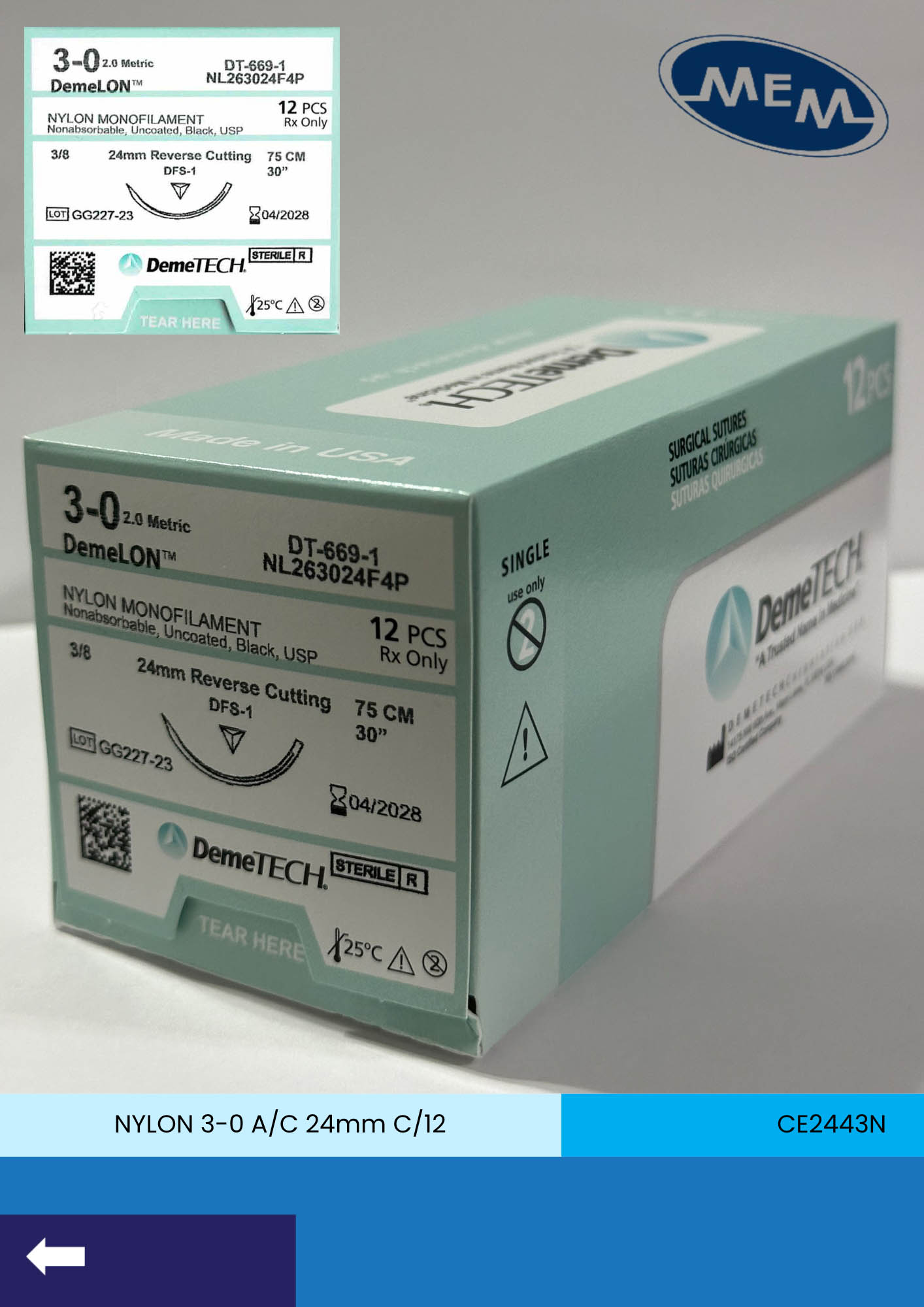 Sutura de nylon 3-0 con aguja de 24mm marca DemeTECH
