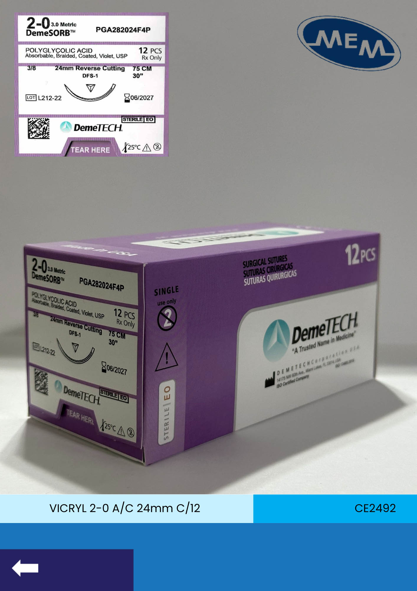 Sutura de acido poliglicolico 2-0 con aguja de 24mm marca DemeTECH