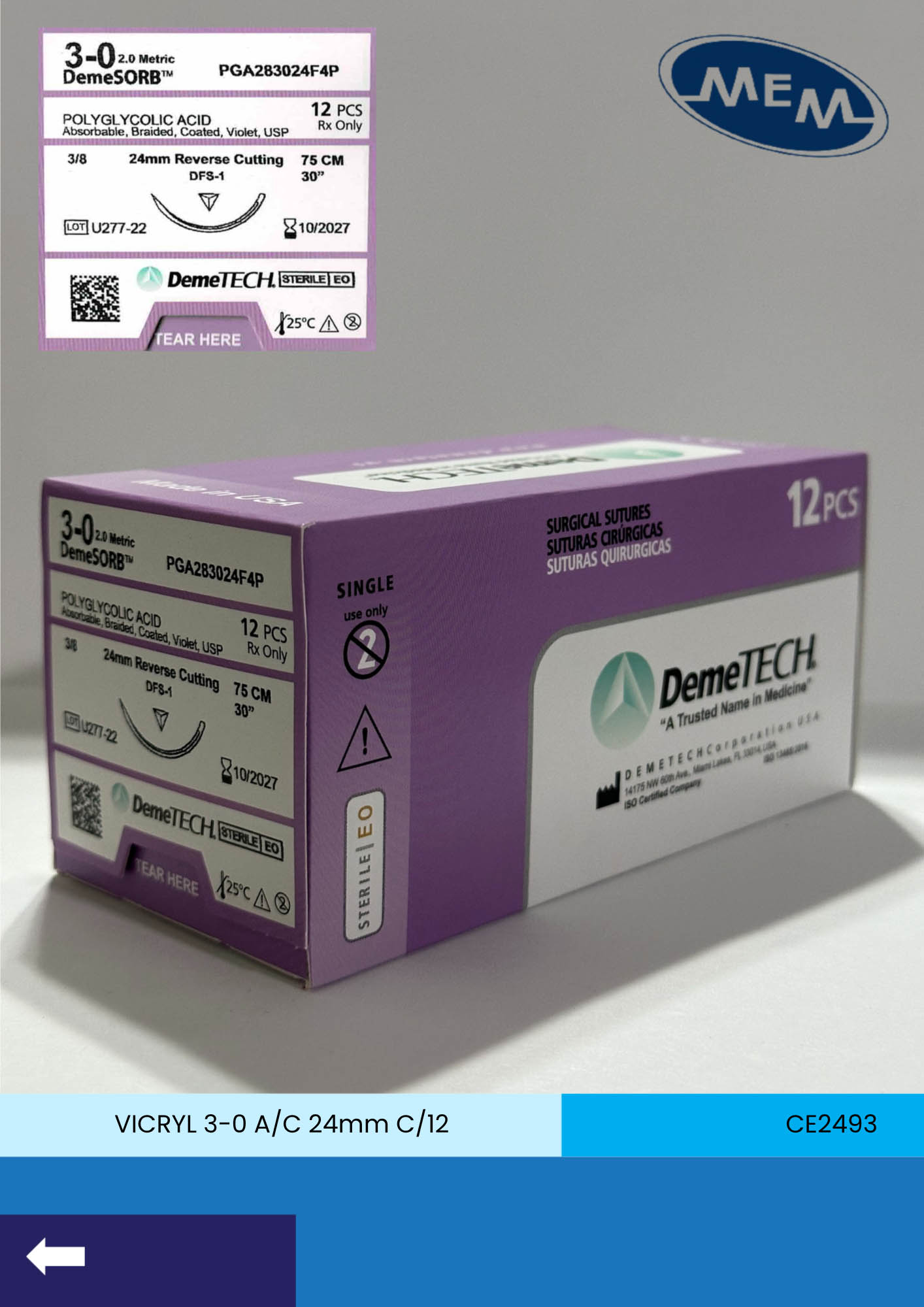 Sutura de acido poliglicolico 3-0 violeta con aguja de 24mm marca DemeTECH