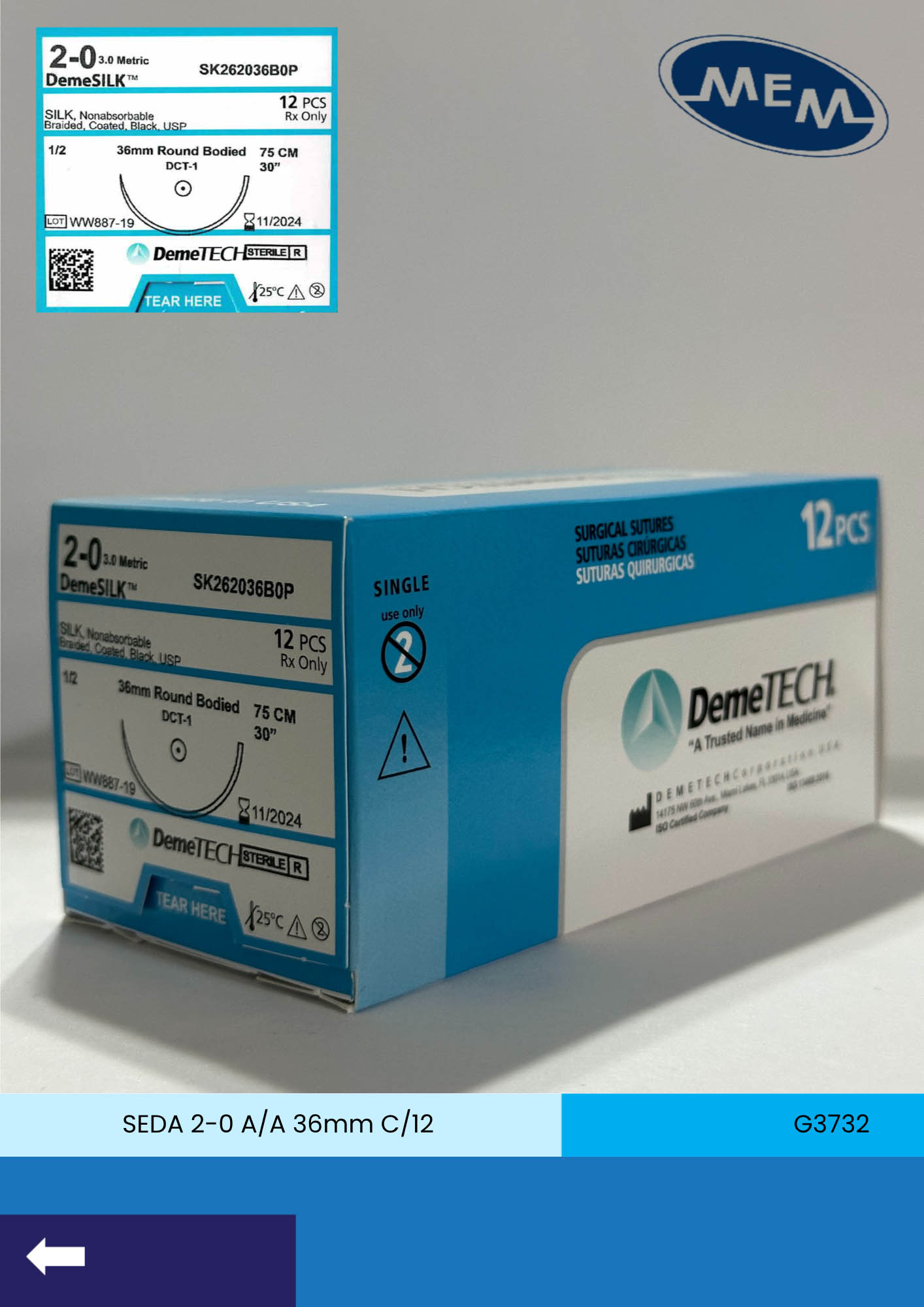 Sutura de seda negra 2-0 con aguja de 36mm marca DemeTECH