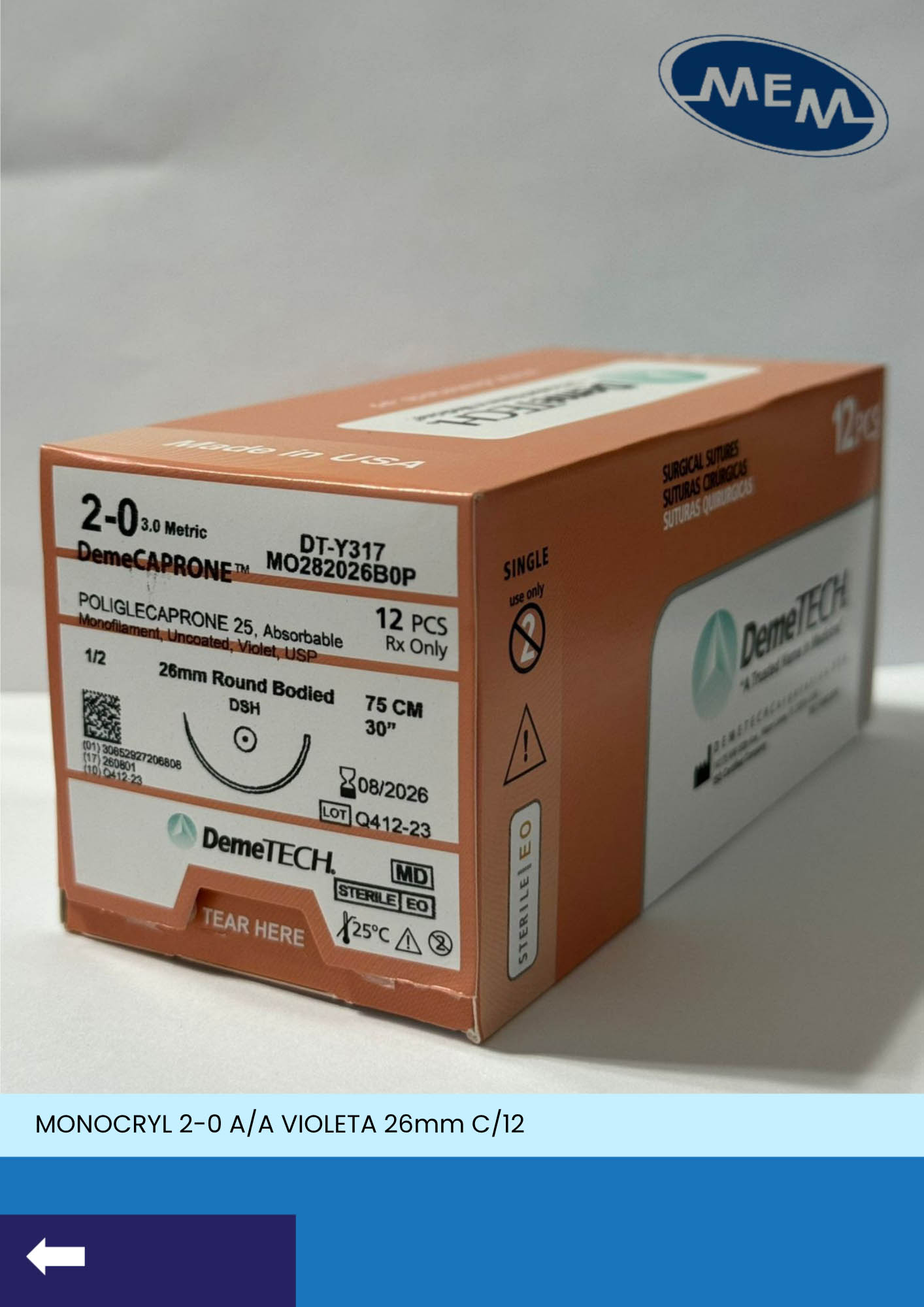 Sutura de poliglecaprone 25 2-0 violeta con aguja de 26mm marca DemeTECH
