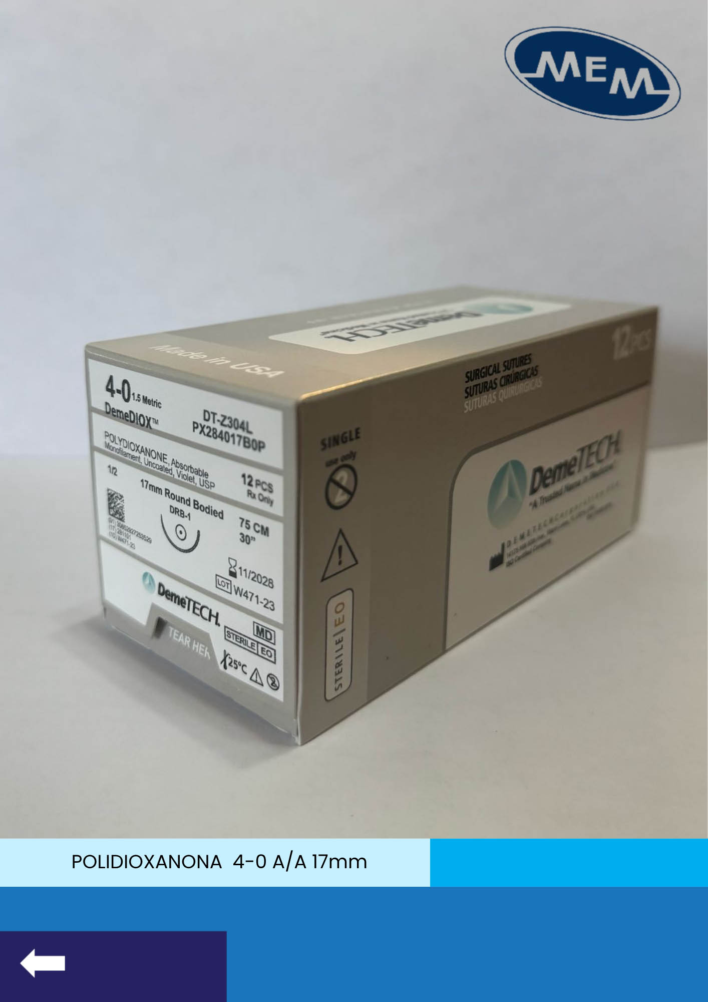 Sutura de polidioxanona calibre 4-0 violeta con aguja de 17mm marca DemeTECH