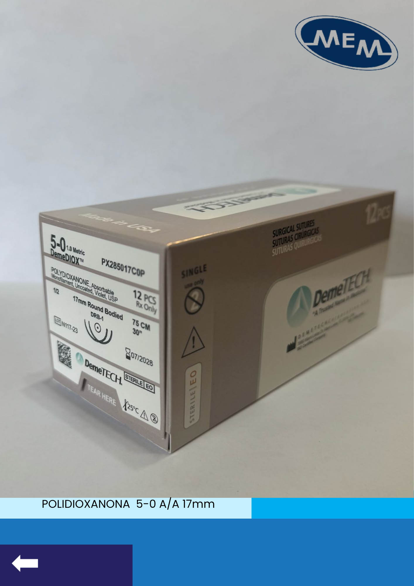 Sutura de polidioxanona calibre 5-0 violeta con aguja de 17mm marca DemeTECH