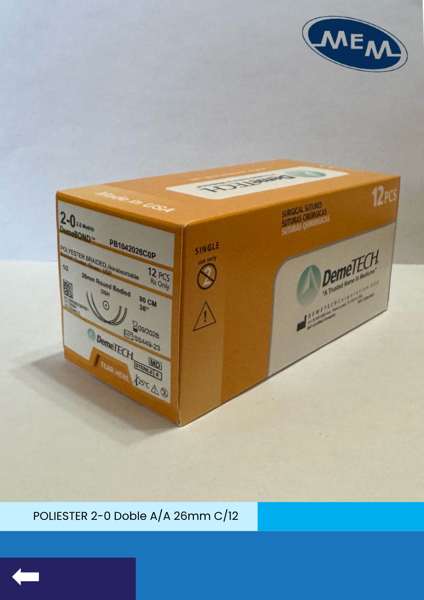 Sutura de poliester trenzado calibre 2-0 verde con doble aguja de 26mm marca DemeTECH