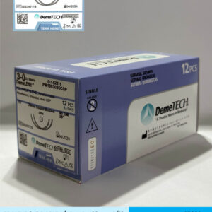 Sutura de polipropileno calibre 3-0 azul con doble aguja de 26mm marca DemeTECHSutura Quirúrgica de Polipropileno DemeLENE 3-0 Doble Aguja Azul.