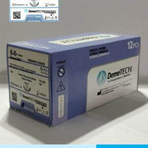 Sutura de polipropileno calibre 6-0 azul con doble aguja armada negra de 13mm marca DemeTECH