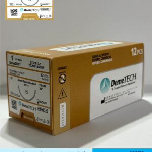 Sutura de catgut cromico calibre 1 con aguja de 36mm 1/2 de circulo marca DemeTECH