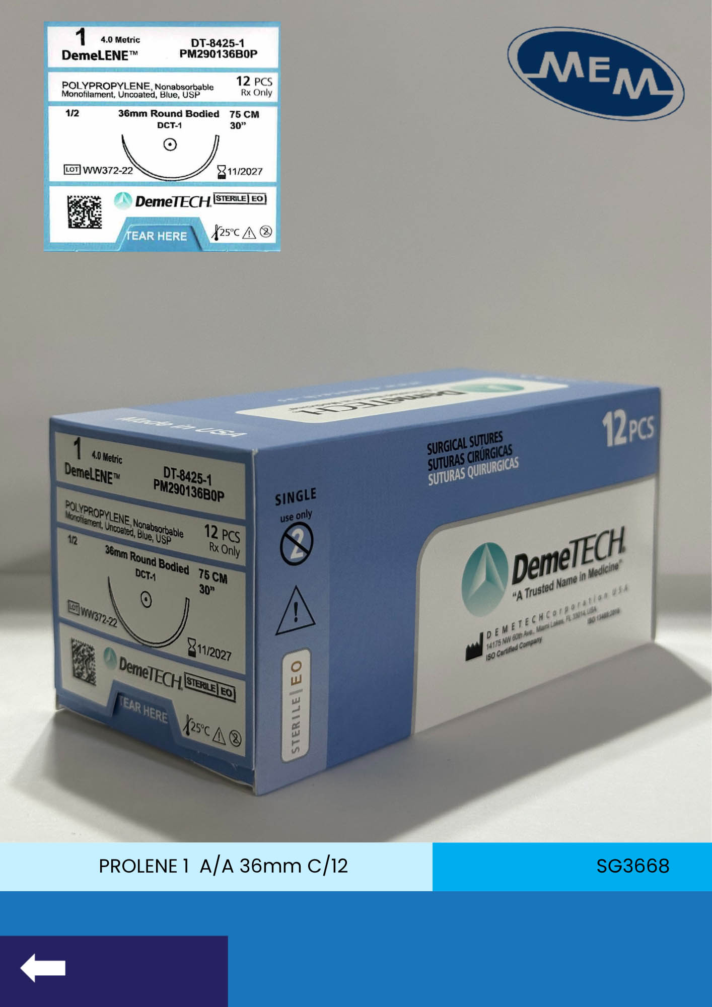 Sutura de polipropileno calibre 1 azul con aguja de 36mm marca DemeTECH