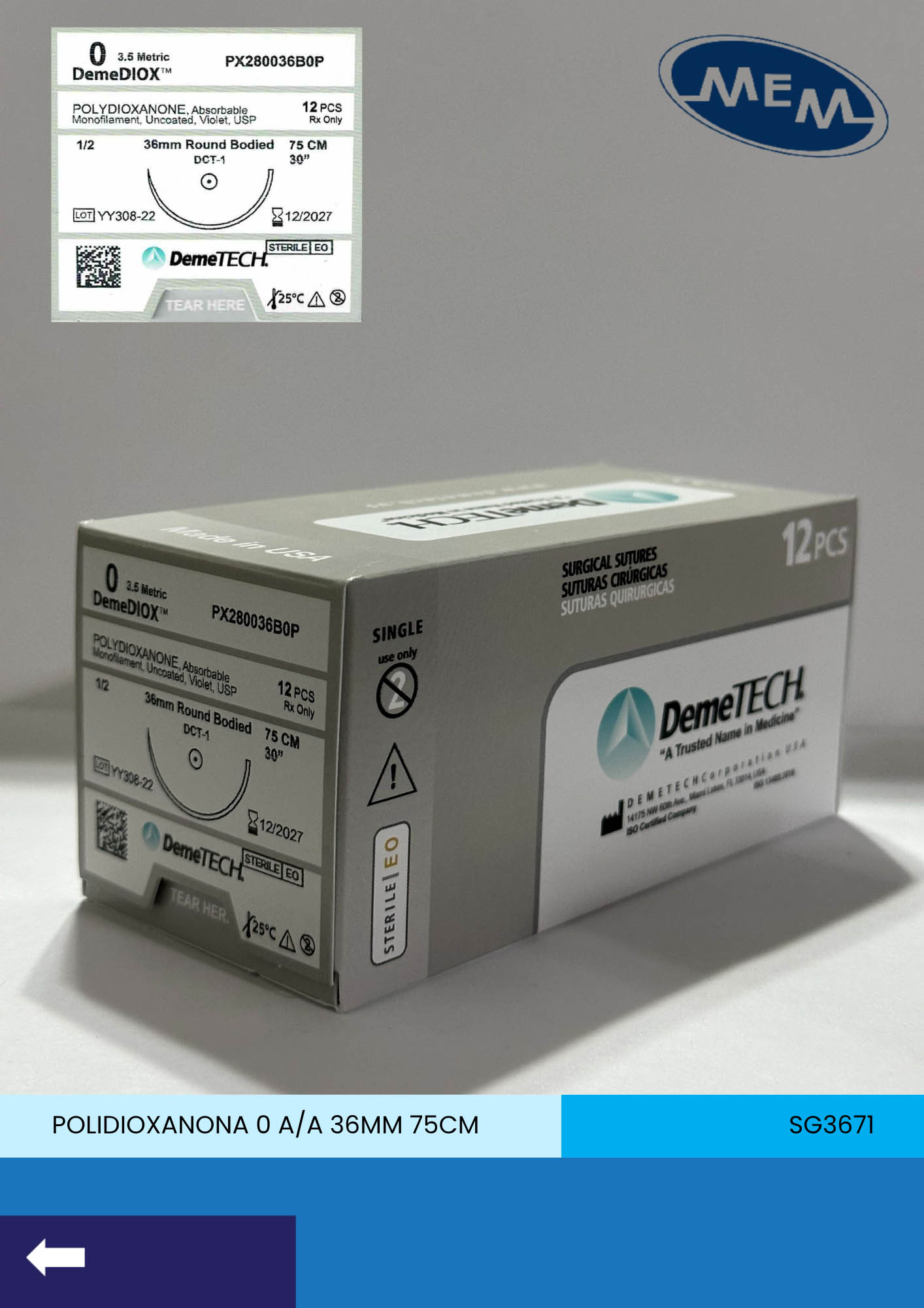 Sutura de polidioxanona calibre 0 violeta con aguja de 36mm marca DemeTECH