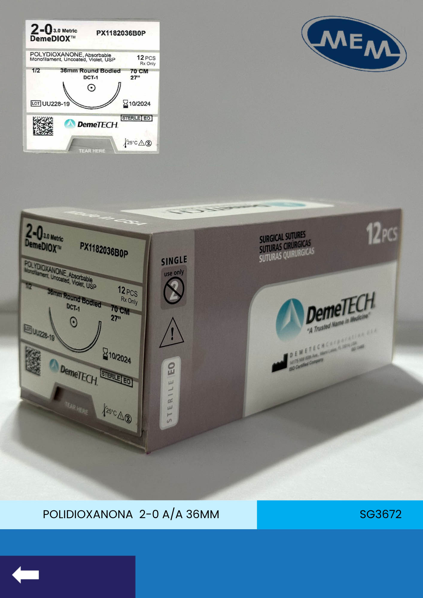 Sutura de polidioxanona calibre 2-0 violeta con aguja de 36mm marca DemeTECH