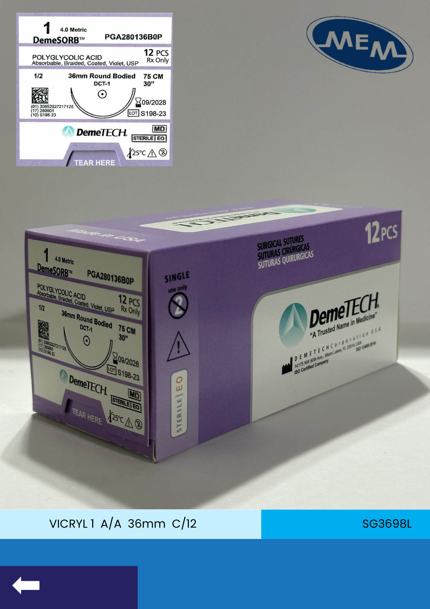 Sutura de acido poliglicolico pga calibre 1 violeta con aguja de 36mm marca DemeTECH