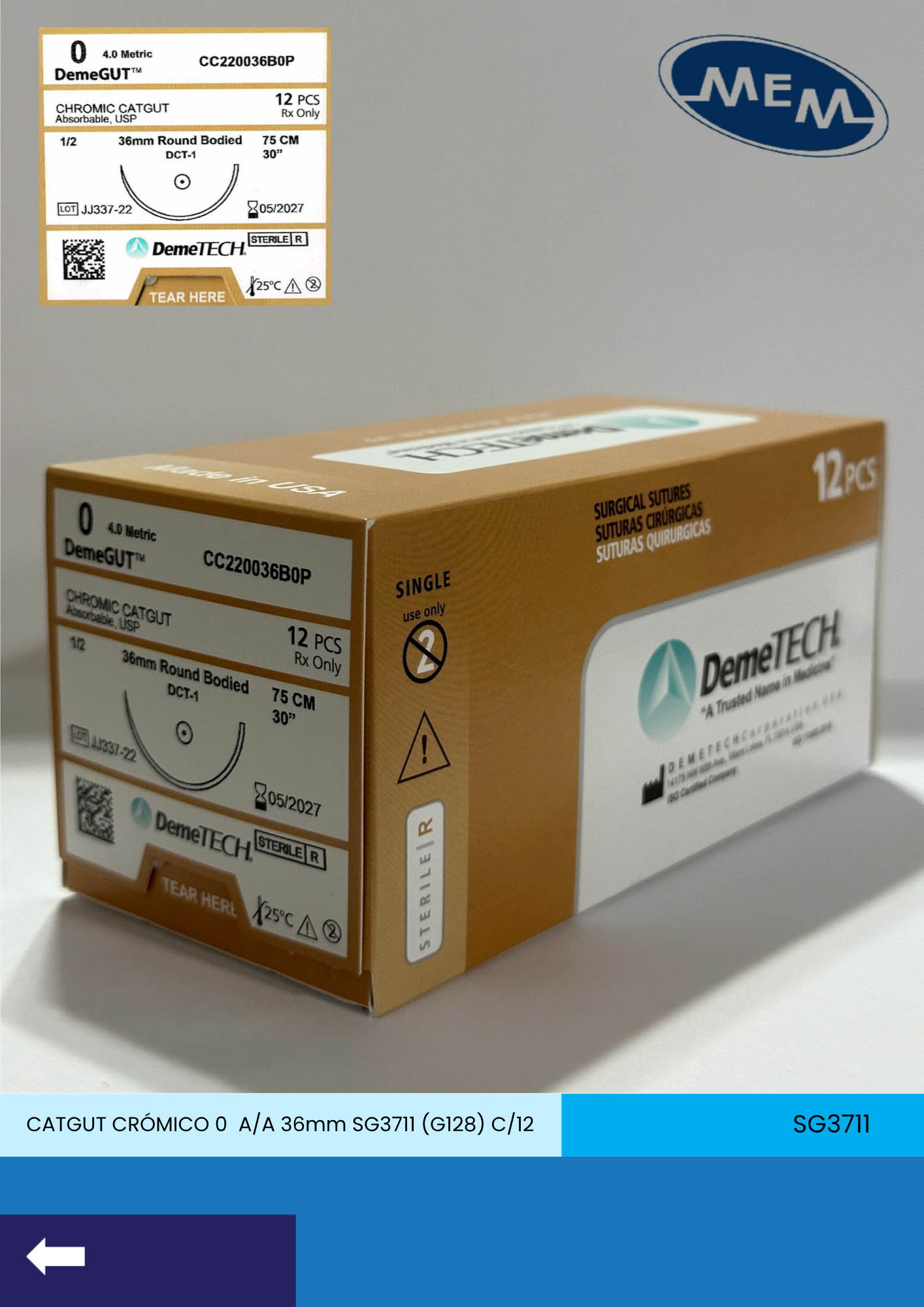 Sutura de catgut cromico calibre 0 con aguja de 36mm 1/2 de circulo marca DemeTECH