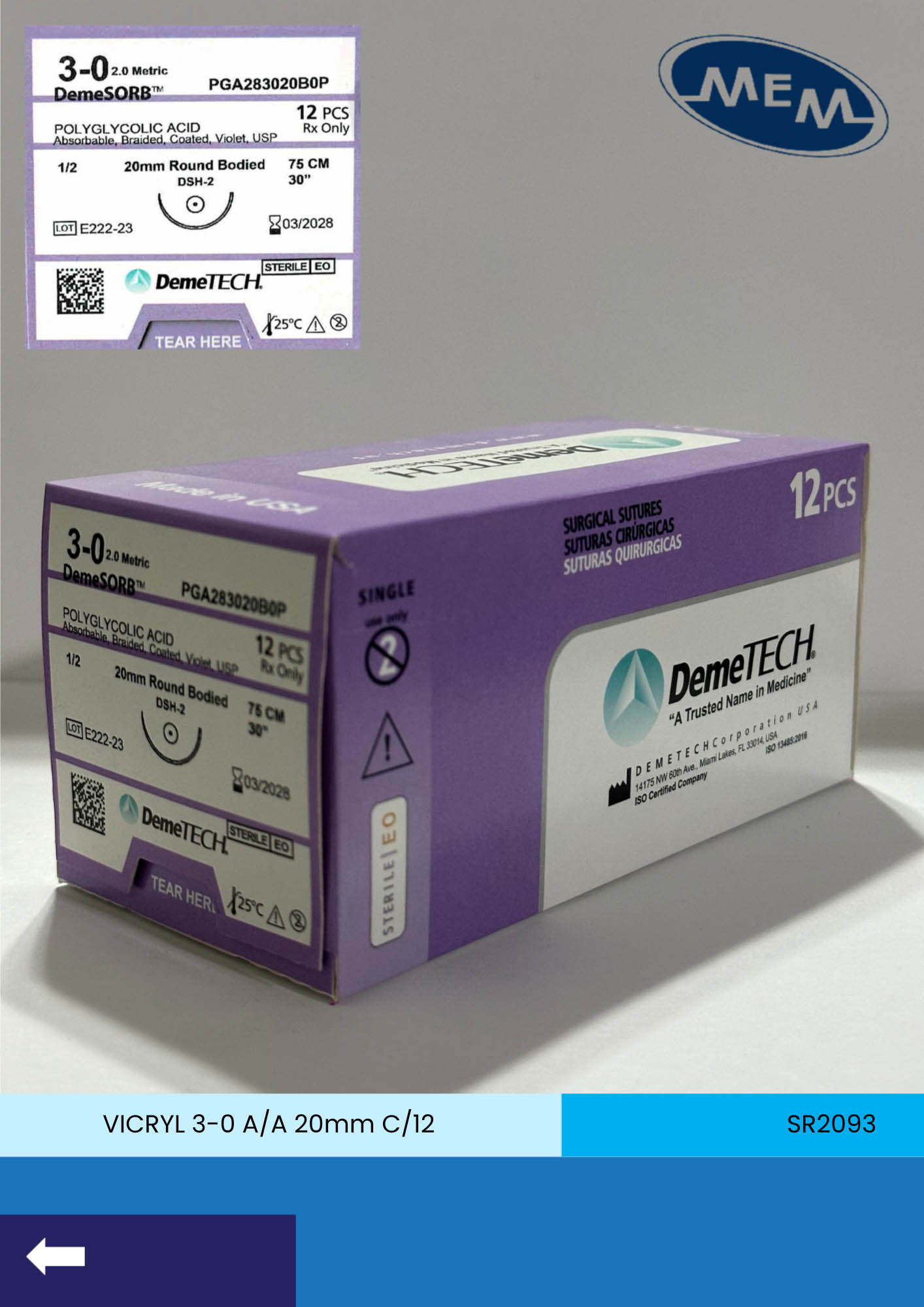 Sutura de acido poliglicolico pga calibre 3-0 violeta con aguja de 20mm marca DemeTECH