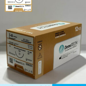 Sutura de catgut cromico calibre 3-0 con aguja de 26mm 1/2 de circulo marca DemeTECH
