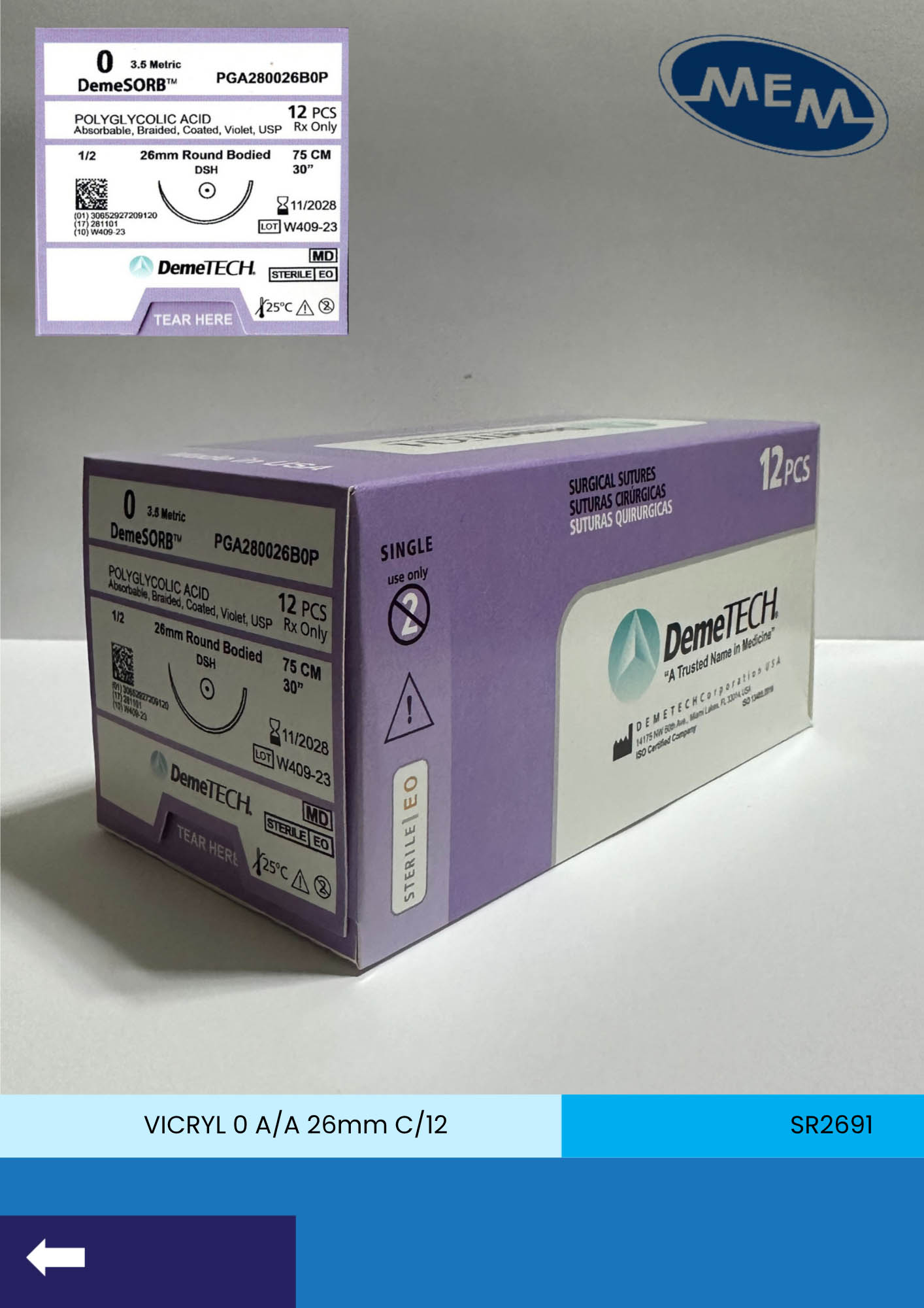 Sutura de acido poliglicolico pga calibre 0 violeta con aguja de 26mm marca DemeTECH