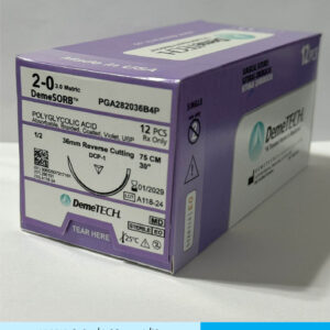Sutura de acido poliglicolico pga calibre 2-0 violeta con aguja de corte reverso de 36mm marca DemeTECH