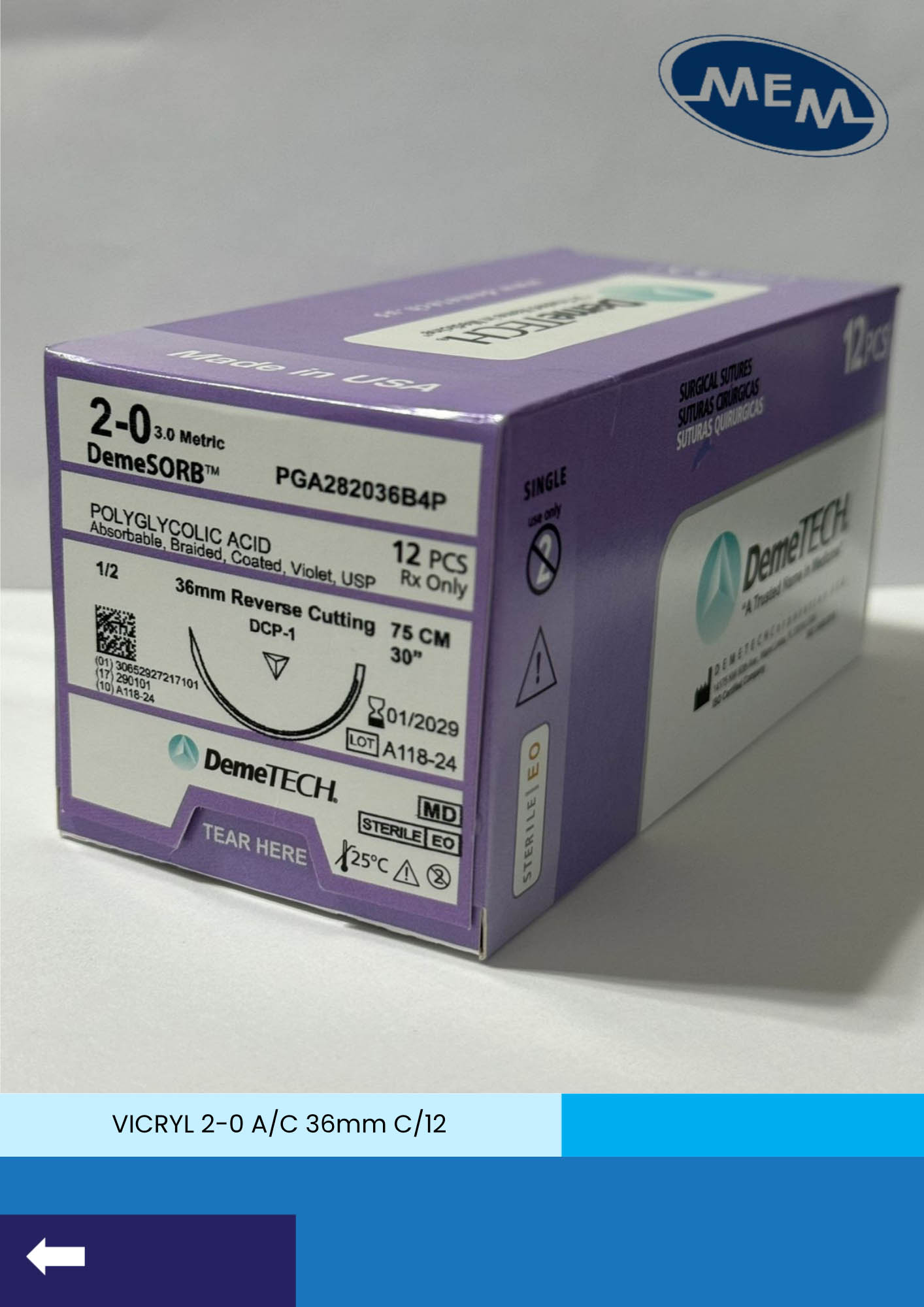 Sutura de acido poliglicolico pga calibre 2-0 violeta con aguja de corte reverso de 36mm marca DemeTECH