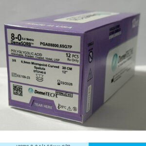 Sutura de acido poliglicolico pga calibre 8-0 violeta con aguja espatulada micro-punta de 6.5mm marca DemeTECH