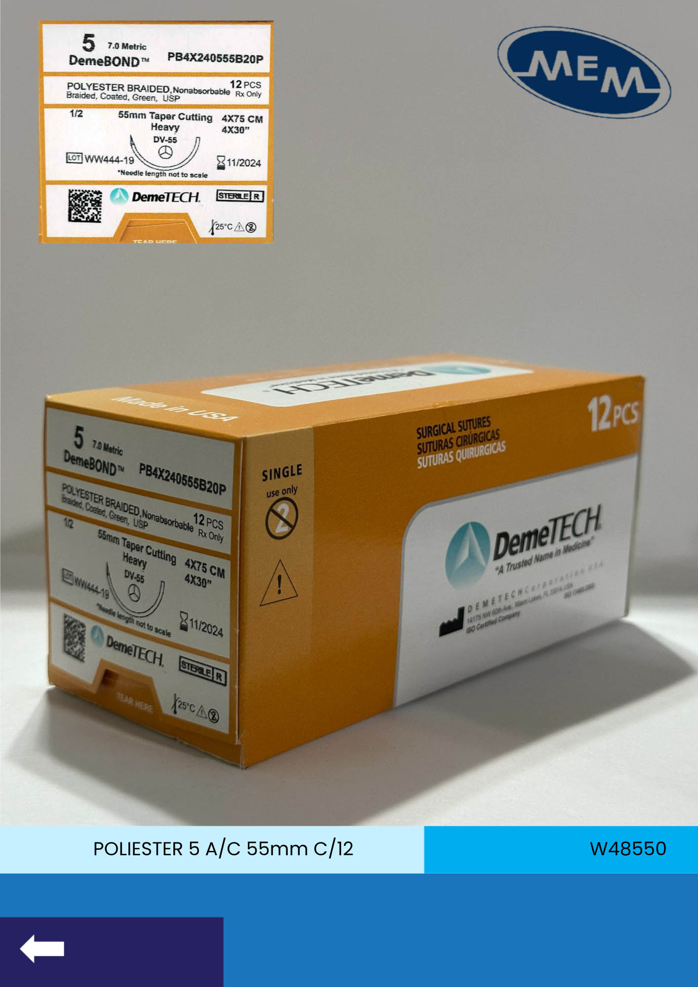 Sutura de poliester trenzado calibre 5 verde con aguja taper cutting heavy de 55mm marca DemeTECH