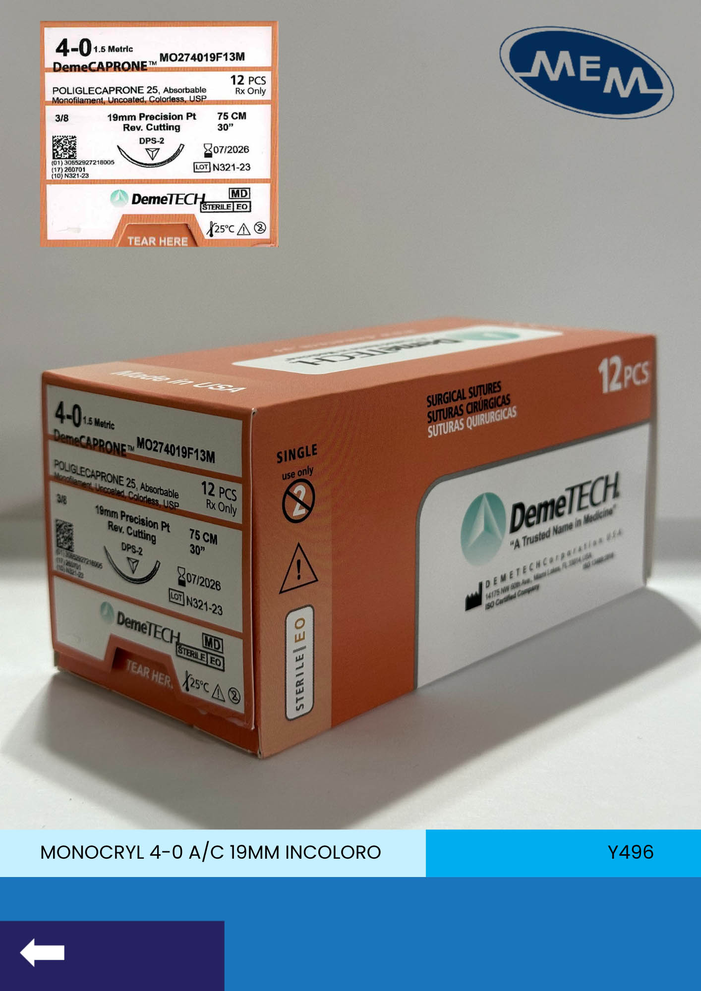 Sutura de poliglecaprona 25 calibre 4-0 incoloro con aguja precision point de corte reverso de 19mm marca DemeTECH
